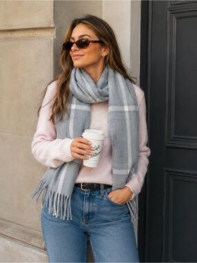 J.Crew Factory Classic Plaid Scarf Heather Dusk Gray Ivory Fringe